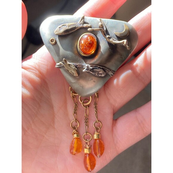 Vintage artisan handcrafted fish moon Baltic amber brooch